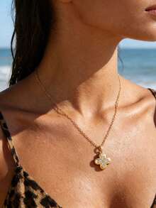 闪亮水钻四叶草项链，金银叠层颈链，奢华密镶吊坠，海滩风配饰，简约设计，通勤约会皆宜，百搭珠宝 - 項鍊 - 查看 7