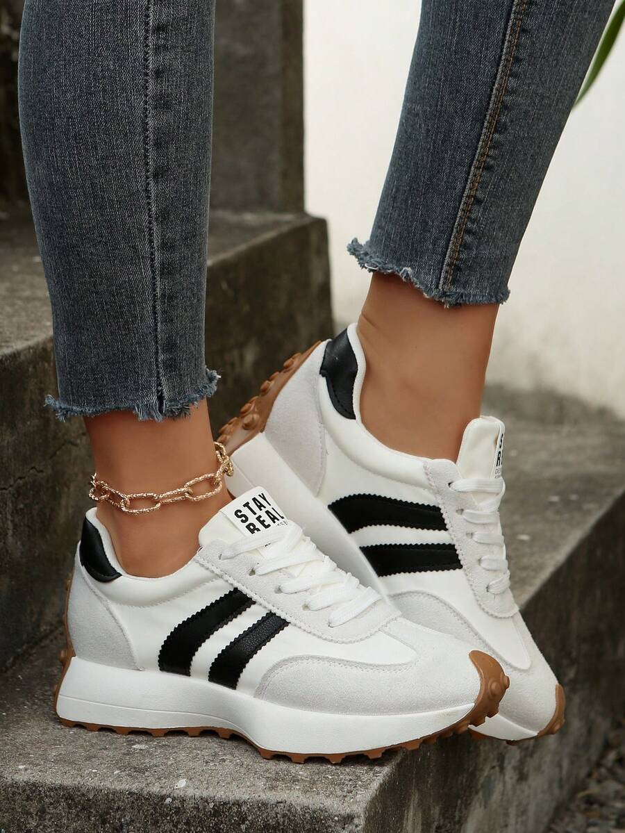 1 Pair Thick Sole Retro Casual Sneakers For Teenage Girls, Fashionable Color Block Design, Lightweight & Comfortable Sports Shoes For Outdoor & Daily Wear, Gump Style - Beige - View 1