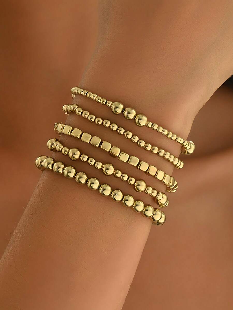 Set de 5 piezas de pulseras elásticas con cuentas de estilo de moda, hechas a mano con cuentas metálicas para mujeres - Dorado - Ver 1