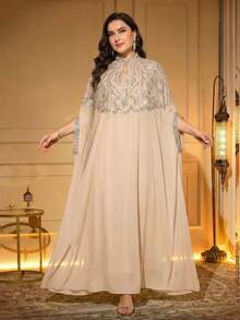 Plus Size Arabic Style Dress, Keyhole Neckline, Batwing Sleeves, Long Woven Fabric With Applique, Beaded Embroidery, Regular Hemline Spring Fall - Apricot - View 3