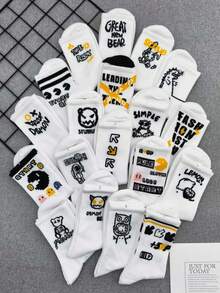 5 Pasang Kaos Kaki Putih Model Crew dengan Motif Huruf & Angka Acak, Kaos Kaki Olahraga Unisex yang Modis - Putih - View 5