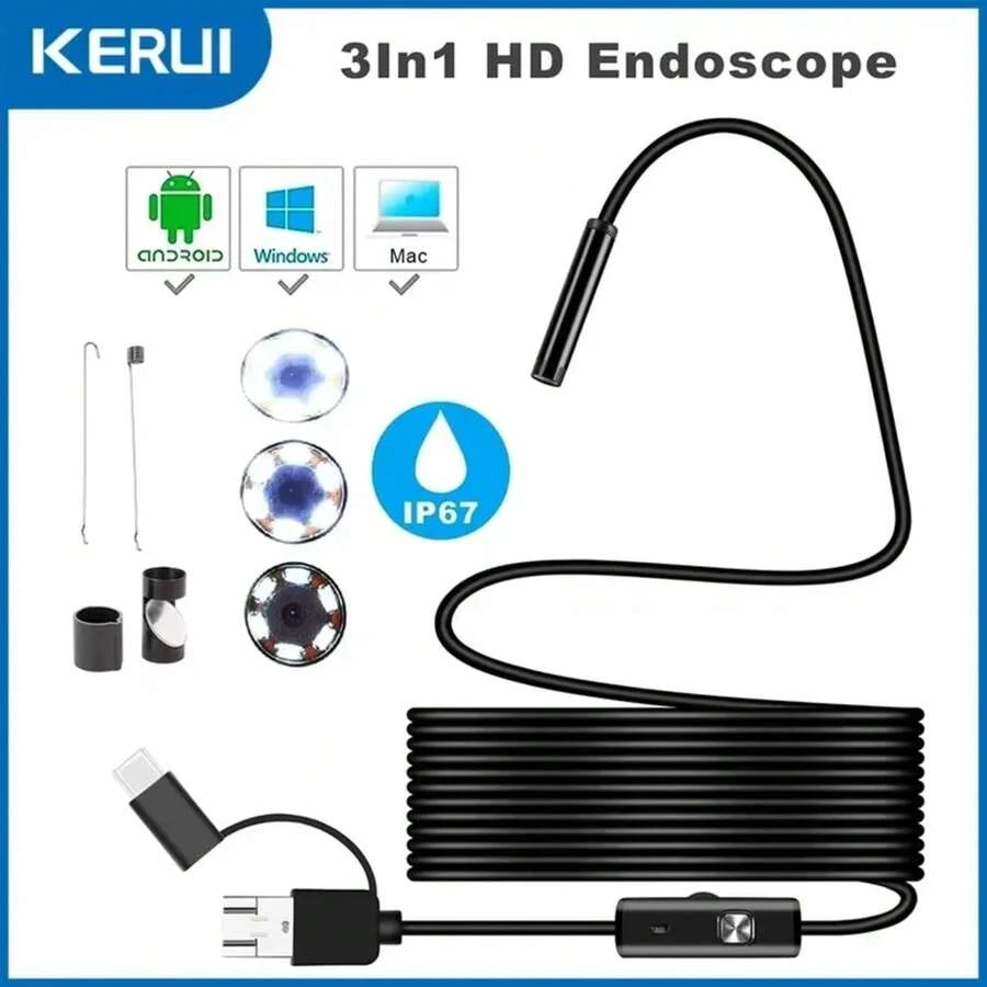 Cámara endoscópica Android de 7MM 3 en 1 Micro USB tipo C boroscopio cámara LED impermeable inspección de coche para PC YT2W - 5 metros - Ver 1