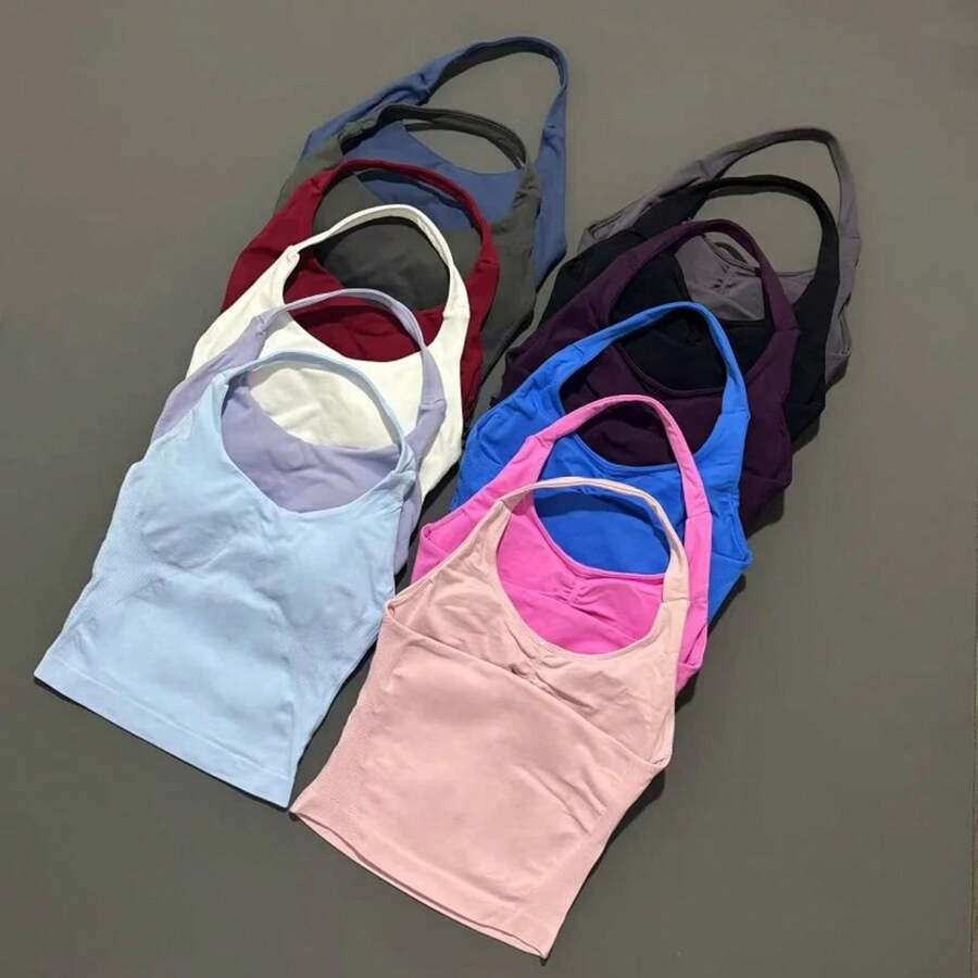Gym Sports Top Women Seamless Yoga Tank Longline Strappy Top Open Back Bra Sportswear Gym Clothing Running Workout Halter - Ink Blue - View 1