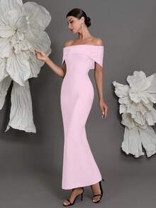 Off-Shoulder Knit Bandage Bodycon Dress, European And American Luxury Slim Fit Pencil Skirt, Suitable For Family Gatherings, Parties, And Evening Galas - Pink - View 5