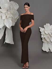 露肩绷带针织紧身连衣裙，欧美奢华修身铅笔裙，适合家庭聚会、派对、晚宴、春季婚礼等场合。 - 咖啡棕 - 查看 2