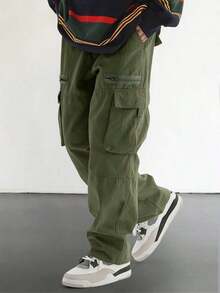 Men's Loose Fit Flap Pockets Cargo Pants, Plain Long Baggy Pants, For Husband, Boyfriend Gifts, For Fall - 軍綠色 - 查看 12
