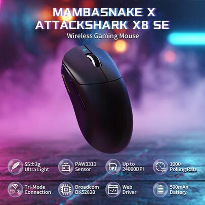 ATTACK SHARK X8SE Wireless Gaming Mouse, 55g Ultra-Lightweight Wired/Bluetooth/2.4GHz Wireless Programmable Mouse, 1000Hz Polling Rate, PixArt PAW3311 Gaming Sensor, 25000 DPI, Grip Tape, Gaming Mouse