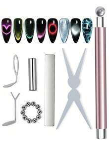 7件套猫眼美甲磁性工具套装，包含法式猫眼爱心美甲磁铁、猫眼液体指甲油磁性棒，以及用于打造各种猫眼效果的美甲用品。 - 彩色 - 查看 3