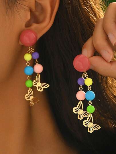 1 Pair Fashion Dopamine Cute Versatile Valentine's Day Colorful Acrylic Beaded Hollow Butterfly Tassel Earrings, Suitable For Women's Daily Wear And Photo Accessories