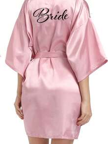 1pc Gold-Plated Letter Robe, Bride & Bridesmaid Robe, Wedding Party Prep Outfit, Wedding Ceremony & Reception Accessory, Women's Spring/Summer Bridesmaid Pajamas, Bridal Party Gift, Embroidered Robe, Bridal Robe, Wedding Party, Wedding Supplies, Outdoor Wedding, Holiday Party, Back To School - Lotus Root Pink Bride - View 7