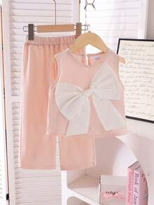 2pcs Young Girl Elegant Fresh Sweet Pink Camisole + Pants Set, Spring/Summer Vacation - Pink - View 2