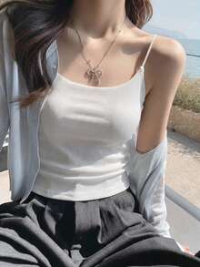 女士新款夏季白色吊带背心，内置衬垫文胸，一体式时尚露背设计，可外穿或内搭，无需额外文胸，休闲百搭。 - 白色 - 查看 3