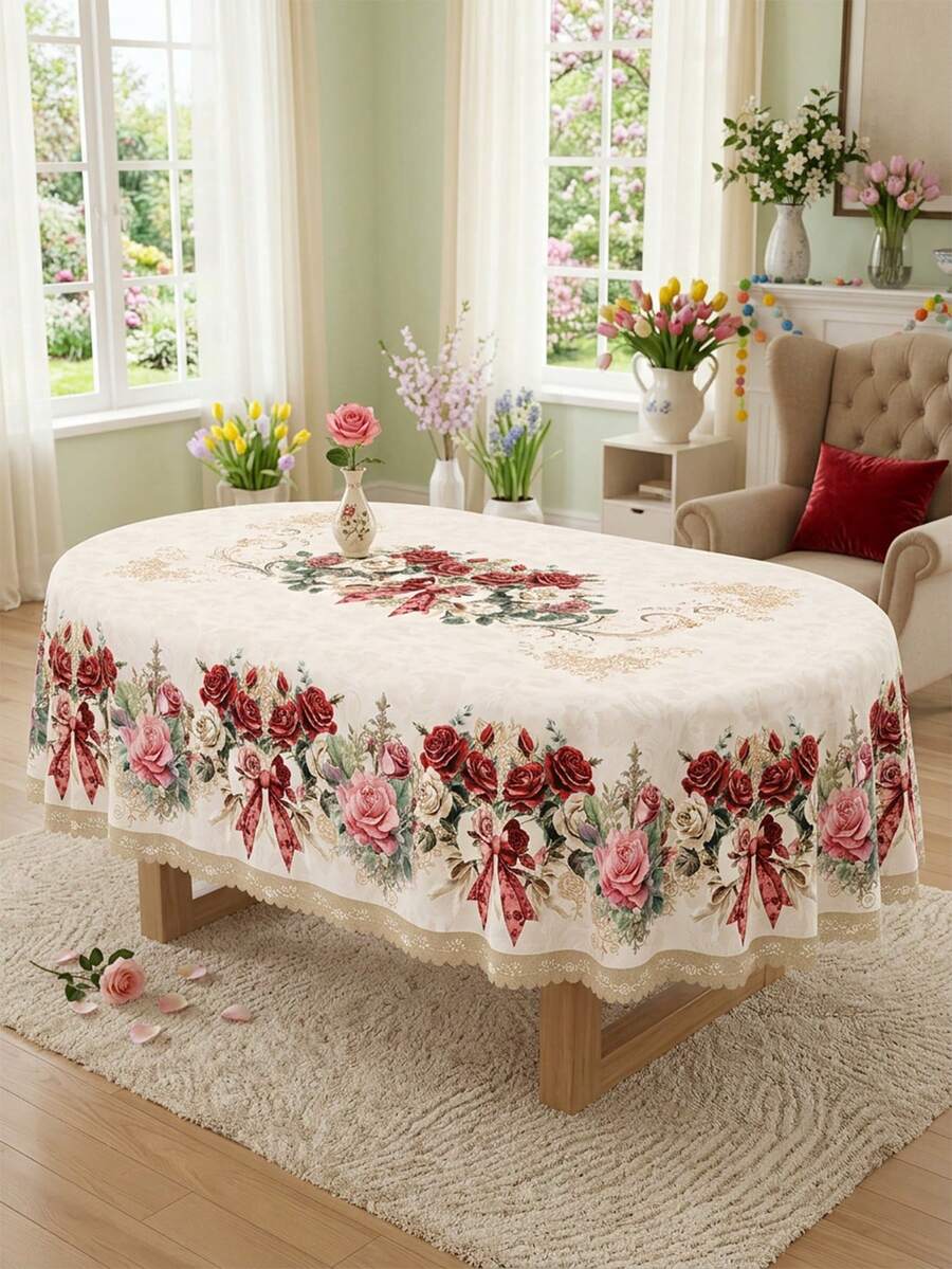 1pc Spring Floral Tablecloth, Vintage Rose Print With Red Bow And Lace Trim Tabletop Cover, Suitable For Spring And Mother's Day Themed Gatherings, Waterproof And Stain-Resistant Polyester Tablecloth For Kitchen And Dining Room, Spring Brunch And Mother's Day Party Supplies - Multicolor - View 1