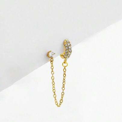 1 Hoop Earring With Tassel Chain Linked To 1 Stud Earring With Shiny Glass Rhinestones, Suitable For Hiphop, Daily Wear, Music Festivals, Punk