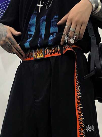 1pc New Harajuku Streetwear Hip-Hop Pants With Men's Canvas Belt, Casual Flame Waistband