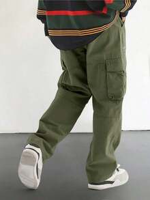 Men's Loose Fit Flap Pockets Cargo Pants, Plain Long Baggy Pants, For Husband, Boyfriend Gifts, For Fall - 軍綠色 - 查看 2