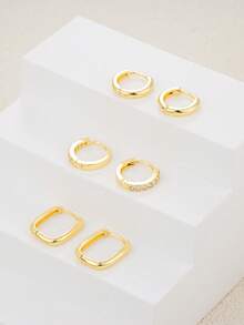 6pcs Women's Fashion Minimalist Wide Hoop Earrings Set, Copper Zirconia Bling Bling Embedded, Low Allergy, Small Delicate Hoops, Lightweight Petite Design, Versatile, Suitable For Multiple Ear Piercings - Yellow Gold - View 6