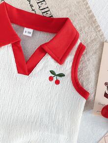2件套女婴可爱樱桃刺绣领背心上衣和棉质牛仔短裤套装 - 紅色 - 查看 4