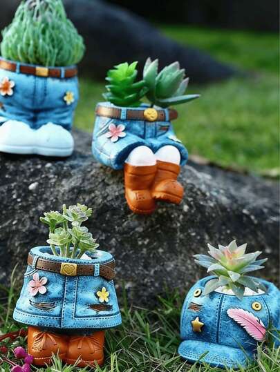 1个多肉植物盆，牛仔系列树脂装饰花盆，乡村风格花盆装饰