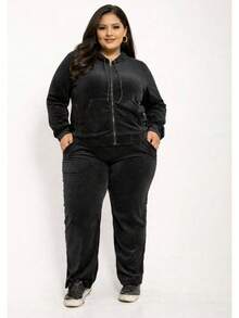 Pietra Plus Size Fleece Set, Autumn/Winter Collection, Women's Fashion, Super Versatile - Black - View 1