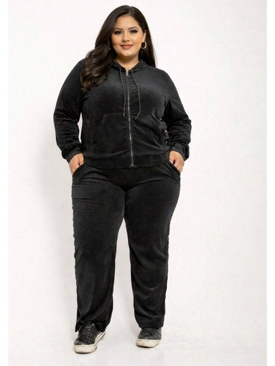 Pietra Plus Size Fleece Set, Autumn/Winter Collection, Women's Fashion, Super Versatile - Black - View 1