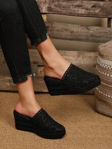 Soft & Breathable Closed Toe Hemp Rope Fashionable Lightweight Wedge Slide Sandals For Women - Black - View 5