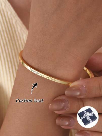 1pc [Customized] Minimalist Letter Bar Bracelet, Stainless Steel Open Cuff Bracelet, Elegant Open Bangle, Customizable Text/Date/Name, Inspirational Quote Bracelet, Gift For Her, Minimalist Fashion Accessory, Customized Bracelet, Suitable For Daily Wear, Gift For Girlfriend, Mom, Family, Friends, Ramadan, Valentine's Day, Mother's Day, Personalized Gift