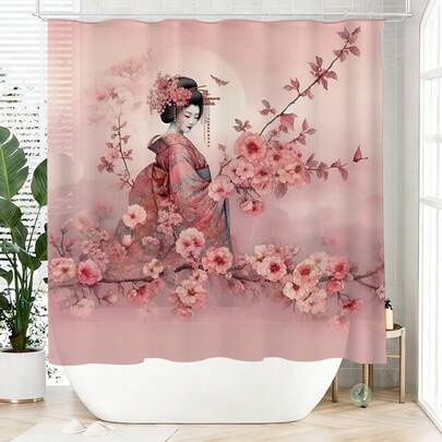 1pc Japanese Geisha Shower Curtain, Made Of Polyester, Waterproof, Non-Blackout, Suitable For Home And Bathroom Decor, Comes With 12 Hooks