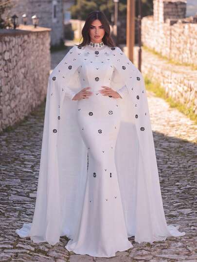 Faeriesty Women's Elegant Formal Evening Gown Two Pieces Set: Sleeveless Round Neck Mermaid Dress With Detachable Shawl Decorated With Pearls - Perfect For Wedding Receptions, Black Tie Galas, Awards Ceremonies, And Symphony Concerts.