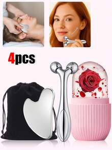 4件套面部冰按摩滚轮套装 - 可重复使用的硅胶面部冰格、Y型按摩滚轮、不锈钢刮痧板和收纳袋，面部按摩工具，可缓解面部和眼部浮肿，用于面部按摩和轮廓塑形。 - 彩色 - 查看 3