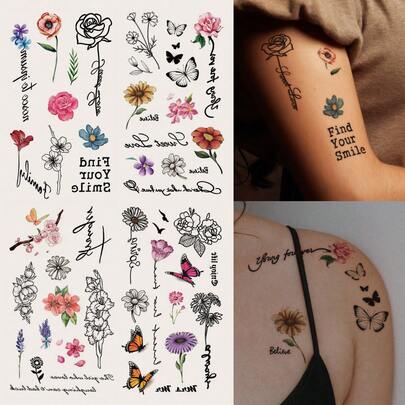 4张/套 极简主义Y2K春季花卉、蝴蝶、小鸟、雏菊临时纹身贴纸 - DIY，适用于动漫节、嘉年华、音乐节、情人节、派对礼物，适合手指、耳朵、肩膀、脖子、锁骨等部位，防水逼真