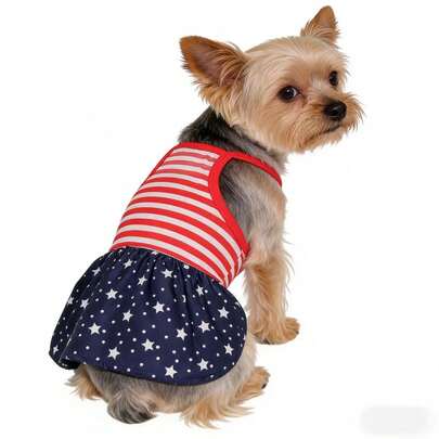 1件宠物连衣裙，红白条纹星形印花宠物连衣裙，无袖犬猫春夏服装，适合小型犬猫