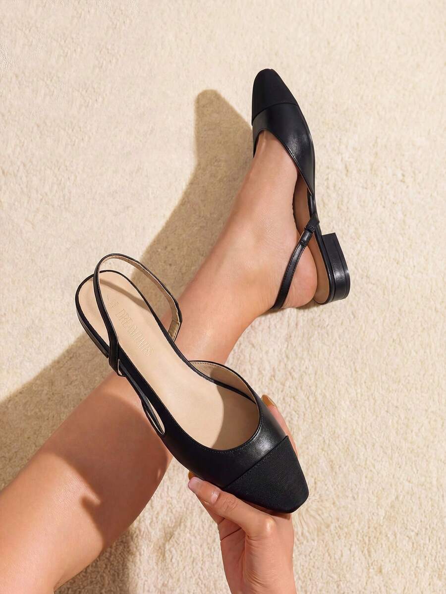 Women Slingback Flats Low Heel Slip-On Dress Ballet Flats Square Toe  Lady Elegant Casual Commute Wedding Party Work Color Blocking Flats Shoes - màu đen - Xem 1