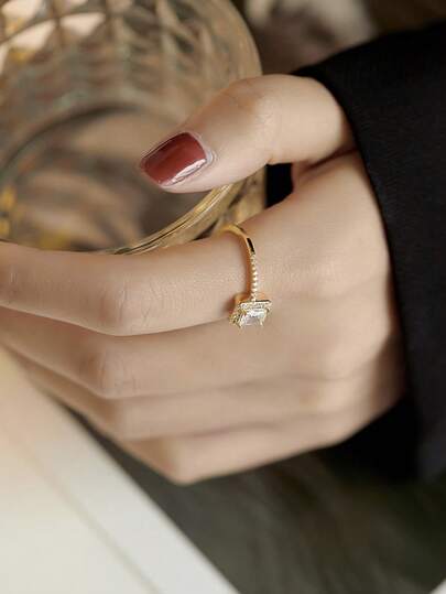 1pc Minimalist Square Diamond Open Ring, Women's Fashion Luxury Zirconia Highly Shiny Ring, Suitable For Weddings, Galas, Music Festivals, Holidays