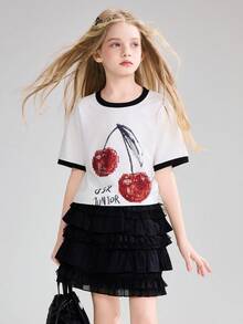 ASK JUNIOR 2026夏季少女短袖T恤，水钻装饰半袖圆领撞色上衣 - 白色 - 查看 3