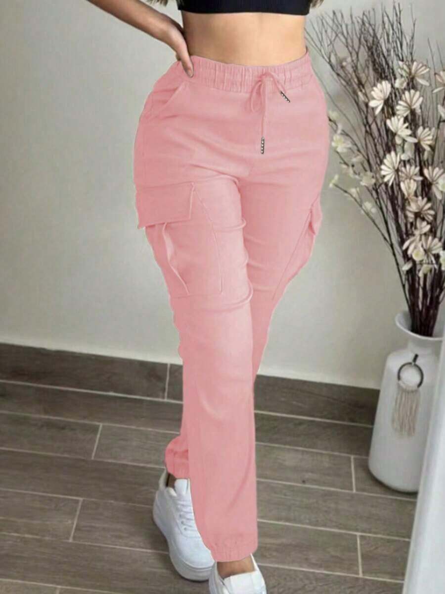 Women's Fashion Elegant Solid Color Casual Pocket Elastic Waist Drawstring Cargo Pants - Hồng 25 - Xem 1