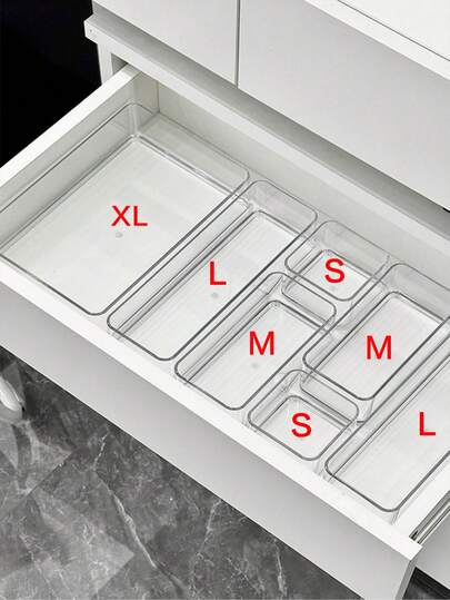 7pcs Transparent Acrylic Drawer Organizer Boxes, Makeup Storage Containers, Fashionable Compartment Desktop Organizer, Multiple Sizes Available, Fits Vanity And Bathroom Drawers, For Cosmetics, Office Supplies And Miscellaneous, Bathroom Cabinet Storage, Summer Gift For Women