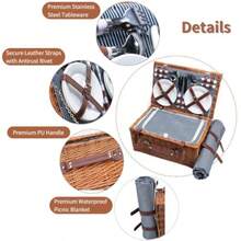 Cesta de picnic de mimbre para 4 personas con manta de picnic impermeable compartimento grande con aislamiento bolsa de vino juego de cubiertos para camping viajes de día playa senderismo - Marrón - Ver 4