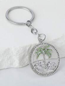 1pc Unisex European And American Casual Rhinestone Coconut Tree Hollow Round Disc Keychain - Multicolor - View 1
