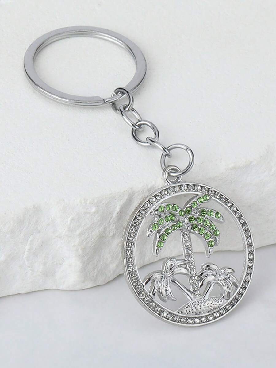 1pc Unisex European And American Casual Rhinestone Coconut Tree Hollow Round Disc Keychain - Multicolor - View 1