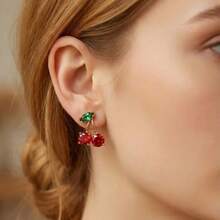 Sweet Red  Cherry Leaf Stud Earrings For Women Cute Crystal Fruit Earring Fashion Daily Wear Party Jewelry Gift Aesthetic YVOO - ER24Y0543 - 查看 3