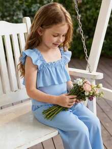 2pcs Girls' Summer Casual Ruffle Strap Tank Top And Straight Leg Pants Set - Ruffle Trim, Suitable For Outdoor Activities And Casual Wear, Spring/Summer - Baby Blue - View 3