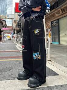 Quần jeans ống rộng dáng suông phong cách hip hop Mỹ cổ điển LIYS, quần denim đường phố màu tối theo phong cách gothic, quần thường ngày. - màu đen - Xem 5