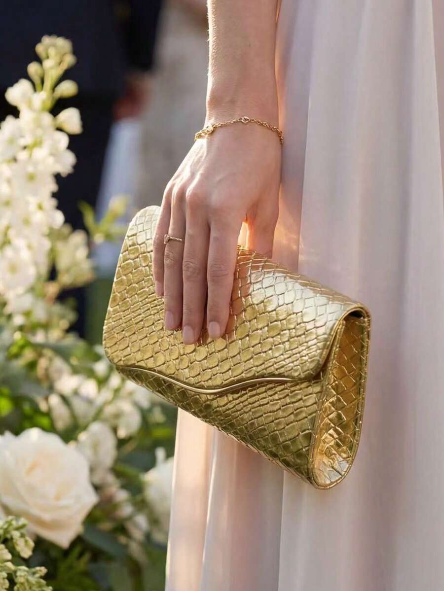 金色蛇纹PU皮革时尚手拿包、化妆包、轻便斜挎包，适合商务、婚礼、晚宴、派对、节日聚会等场合。 - 金色 - 查看 1