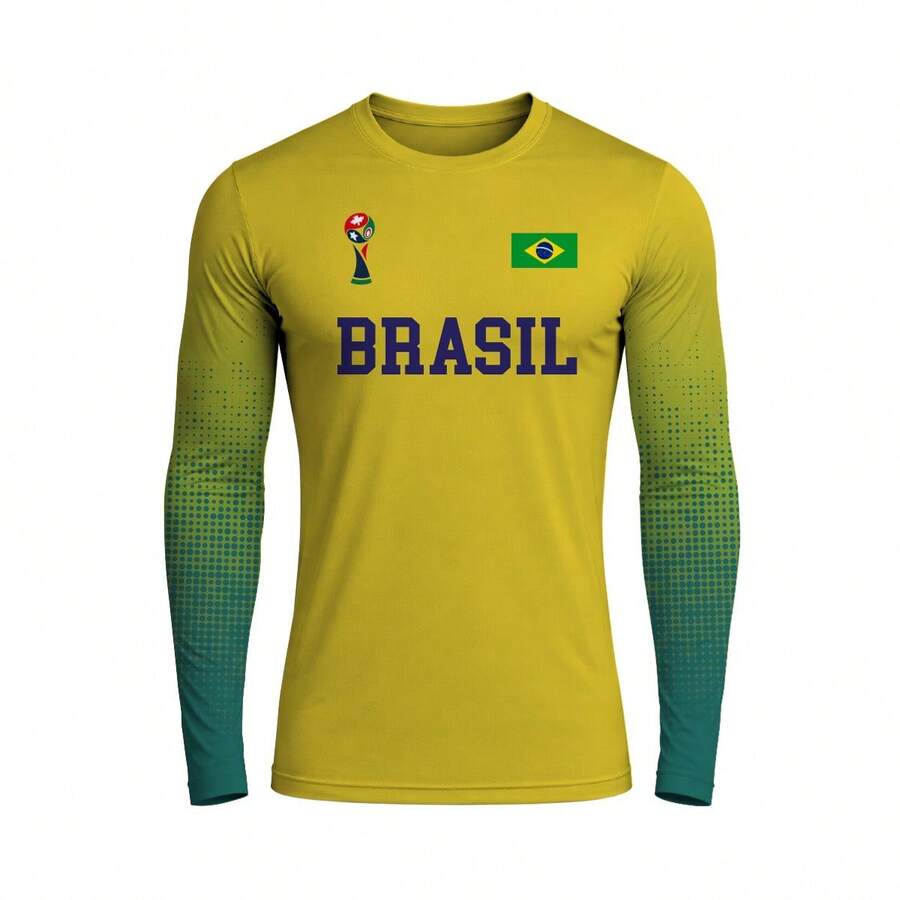Men's Long Sleeve UV Protection T-Shirt, 3D Polyester, Soccer, Brazil World Cup, World Cup Print, National Team, Pink Shirt, Black, Goal, Games, Yellow, Black, Blue - 綠色 - 查看 1