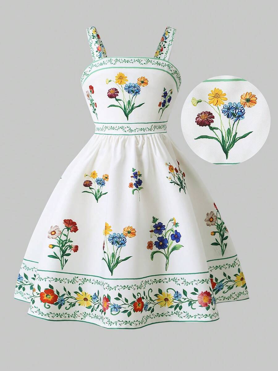 Đầm slip mùa hè cho bé gái, cạp chun, in họa tiết hoa cúc, thích hợp cho kỳ nghỉ biển và mặc hàng ngày. - trắng - Xem 1