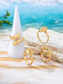 4pcs Minimalist Gold-Tone Beach Vacation Theme Starfish, Shell, Seashell, Water Drop Shaped Thick Solid Metal Rings Set, Suitable For Women, Chunky Smooth Matte Finish Alloy Material Ring Set - Yellow Gold - View 2