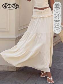 Aflion 女士高腰褶皱层叠长款连衣裙 - 法式复古甜美风格，适合夏季海滩、度假、约会、乡村等场合 - 黃色 - 查看 1