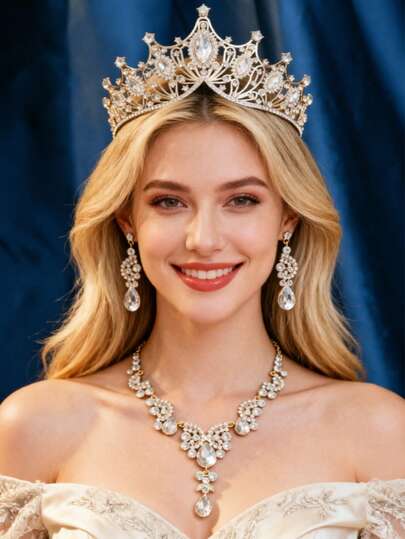 4pcs Elegant Rhinestone Queen Crown Necklace Earrings Set, Bridal Wedding Crown Headpiece Jewelry Accessories For Women, Party Events
