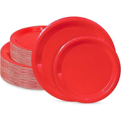 7pcs Red Round Dessert Plates, Including 7-Inch And 9-Inch Paper Plates, Thick , Solid Color, Suitable For Birthday Parties, Dinners, Weddings And Other Occasions, Can Be Used As Tableware Decor Or Party Supplies.